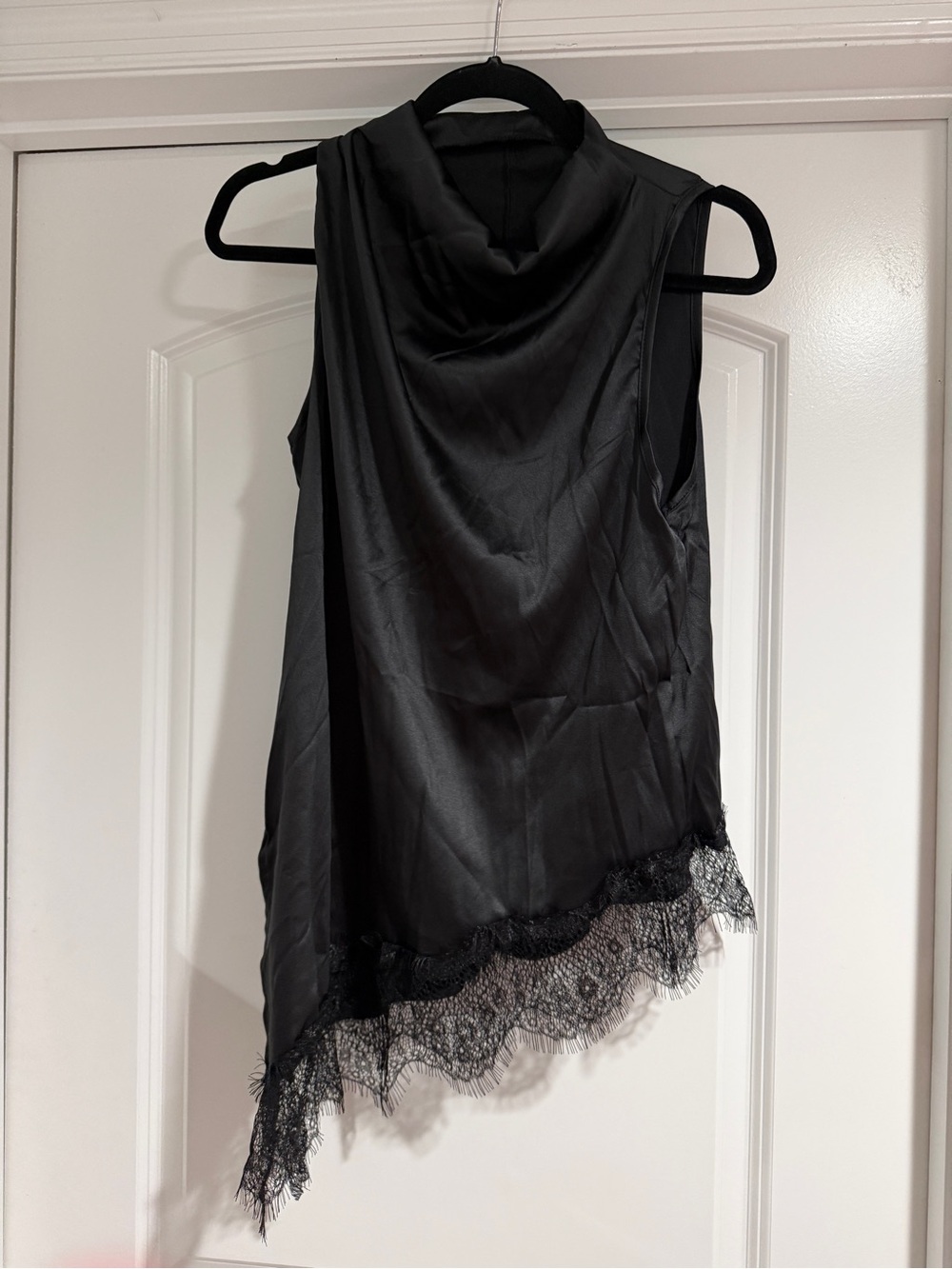 Black Lace-Hem Sleeveless Cowl Neck Top